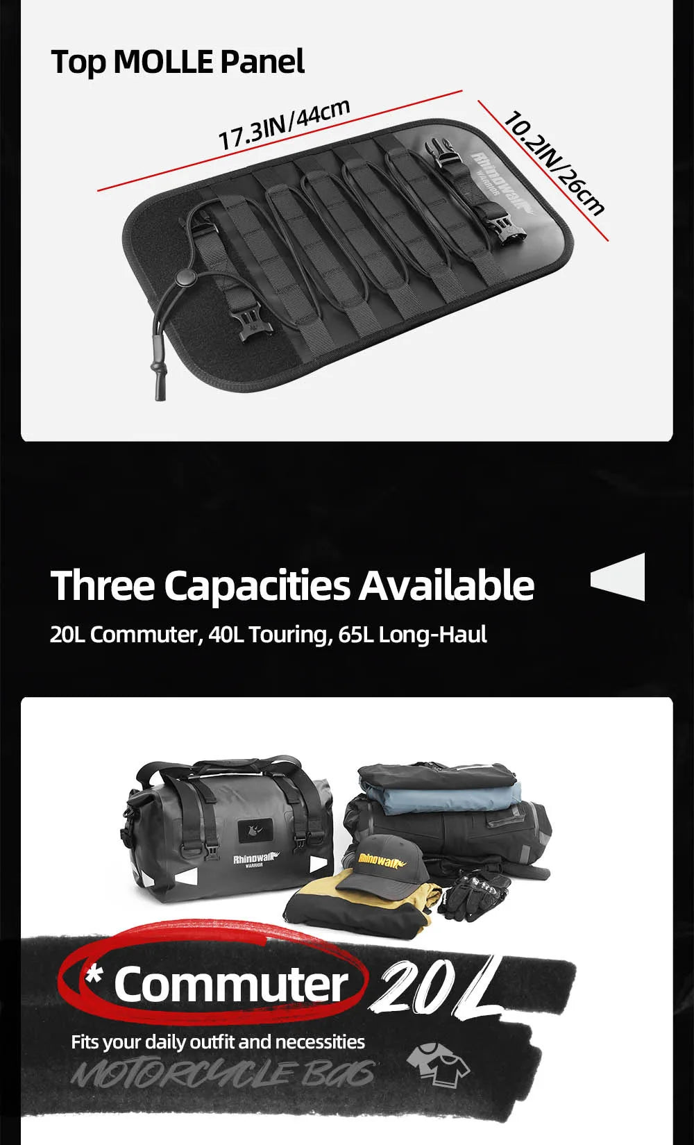 Rhinowalk Waterproof Motorcycle Tail Dry Bag - Modular 20L to 65L Rear Luggage