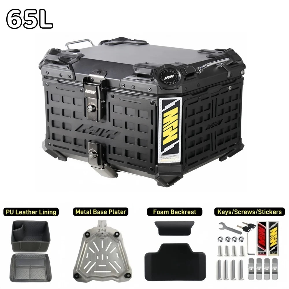 55L / 65L Aluminum Motorcycle Top Box – Waterproof Armor Rear Luggage with Backrest