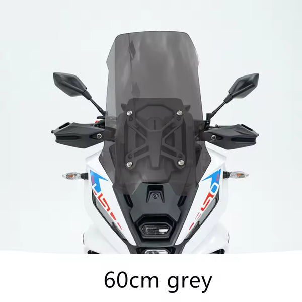 VOGE SR450X fitted with 60cm grey tall touring windshield, front view