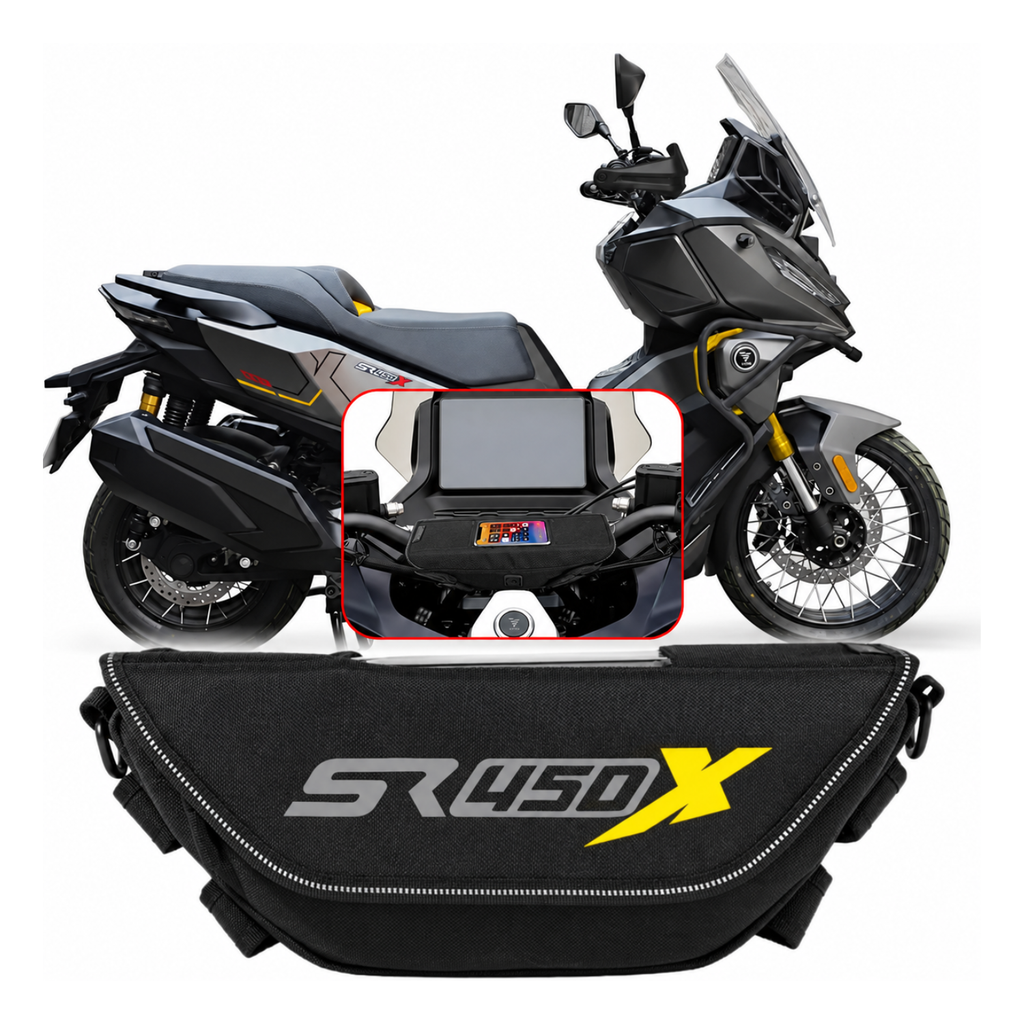 VOGE SR450X with black handlebar bag and yellow SR450X logo